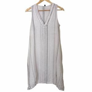 INIZIO Italy 100% Linen Striped Sleeveless Lagenlook Midi Dress Pockets, Medium